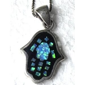 Vintage Sterling Silver Mosaic Opal Hamsa Hand Pendant Or Charm W/ 16” Necklace